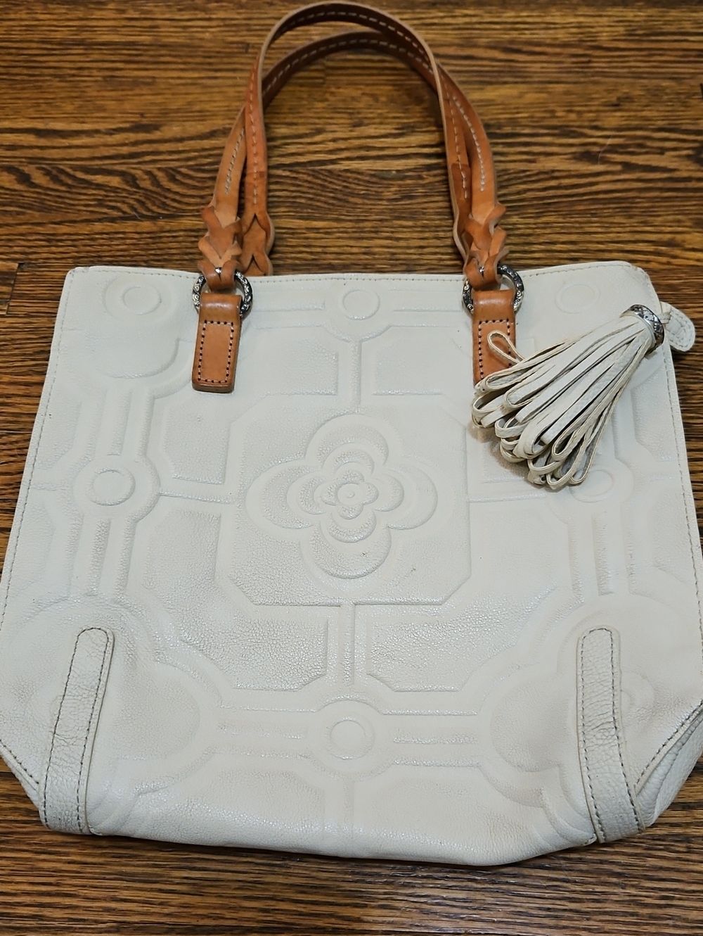 Brighton Cream Leather Tote with Tan Handles and Tassel